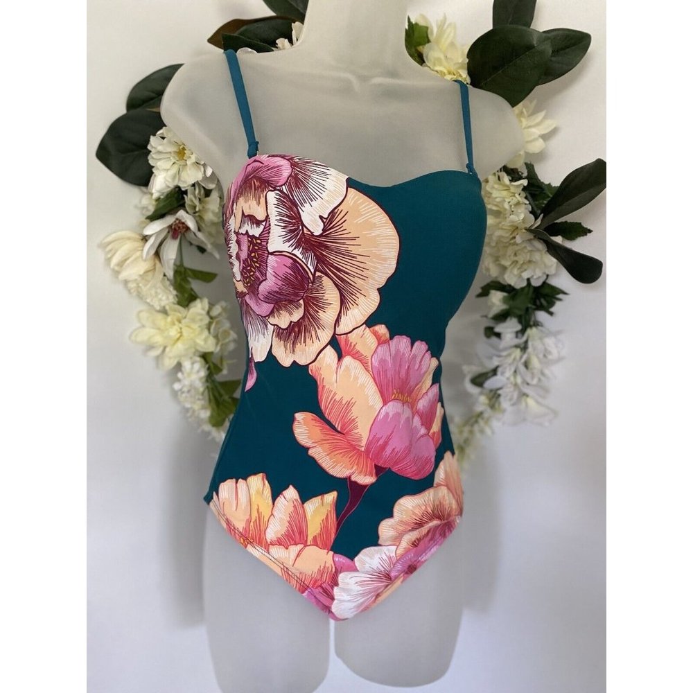 Womens S 80s Retro Floral‎ Swimsuit Strapless Convertible Straps Padded Strappy